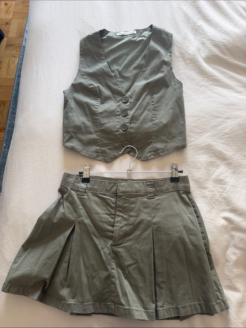 Olive Green Pleated Mini Skirt with Matching Vest Set